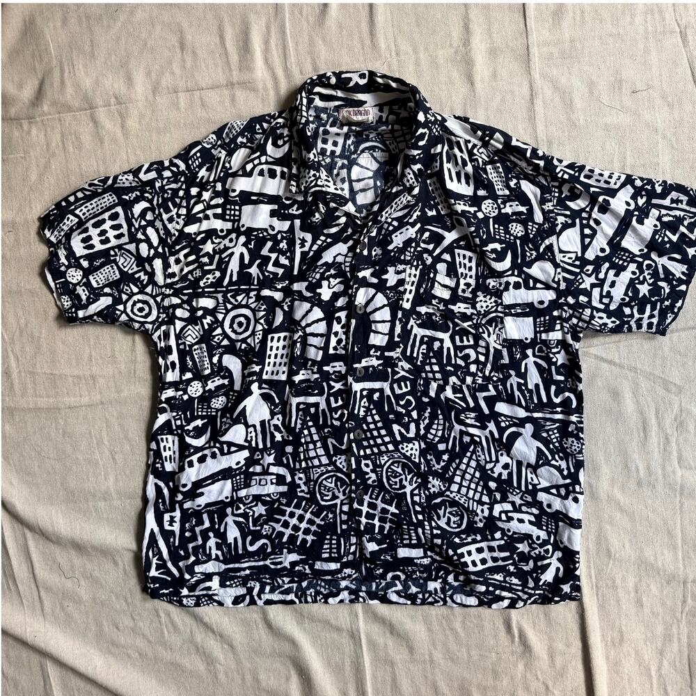 VTG 90s Pink Dragon Neiman Marcus Rayon Abstract City Loop Collar Shirt Men's XL